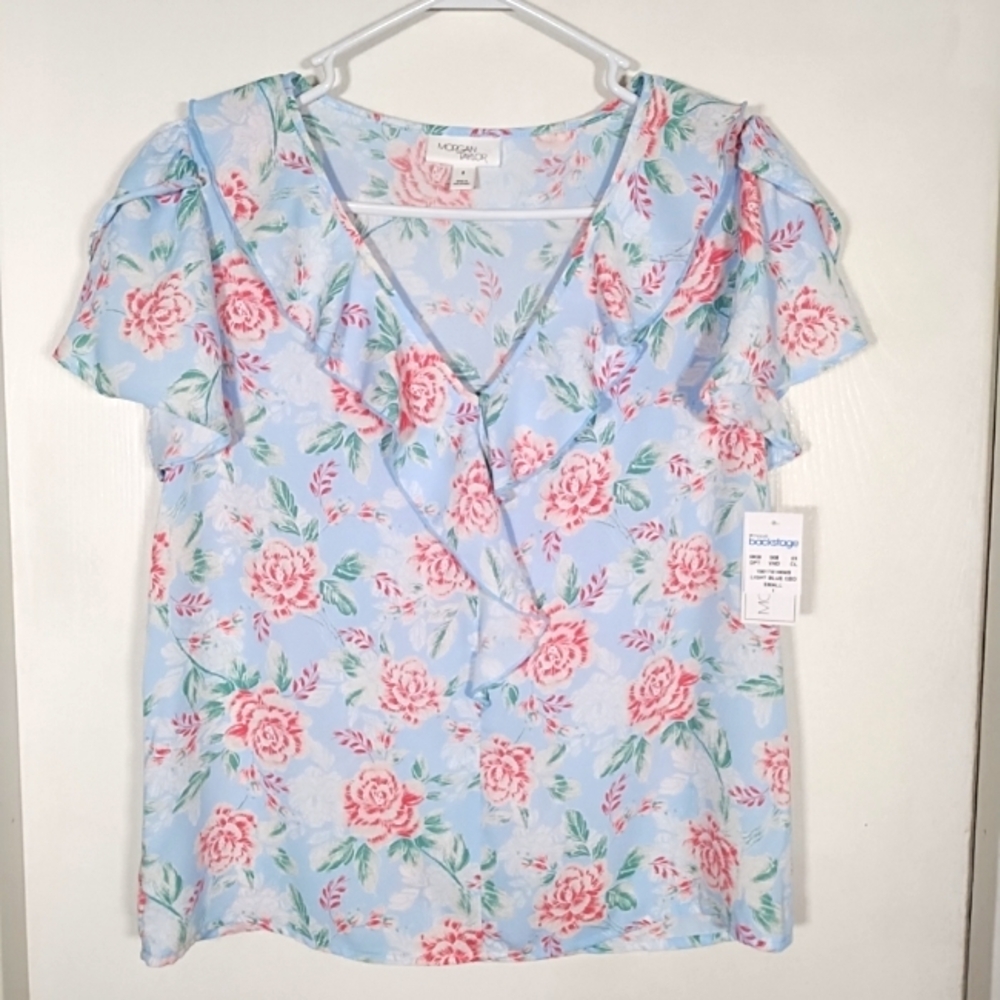 Morgan Taylor Womens S Light Blue Floral Blouse V-neck Ruffle Top Flutter Sleeve